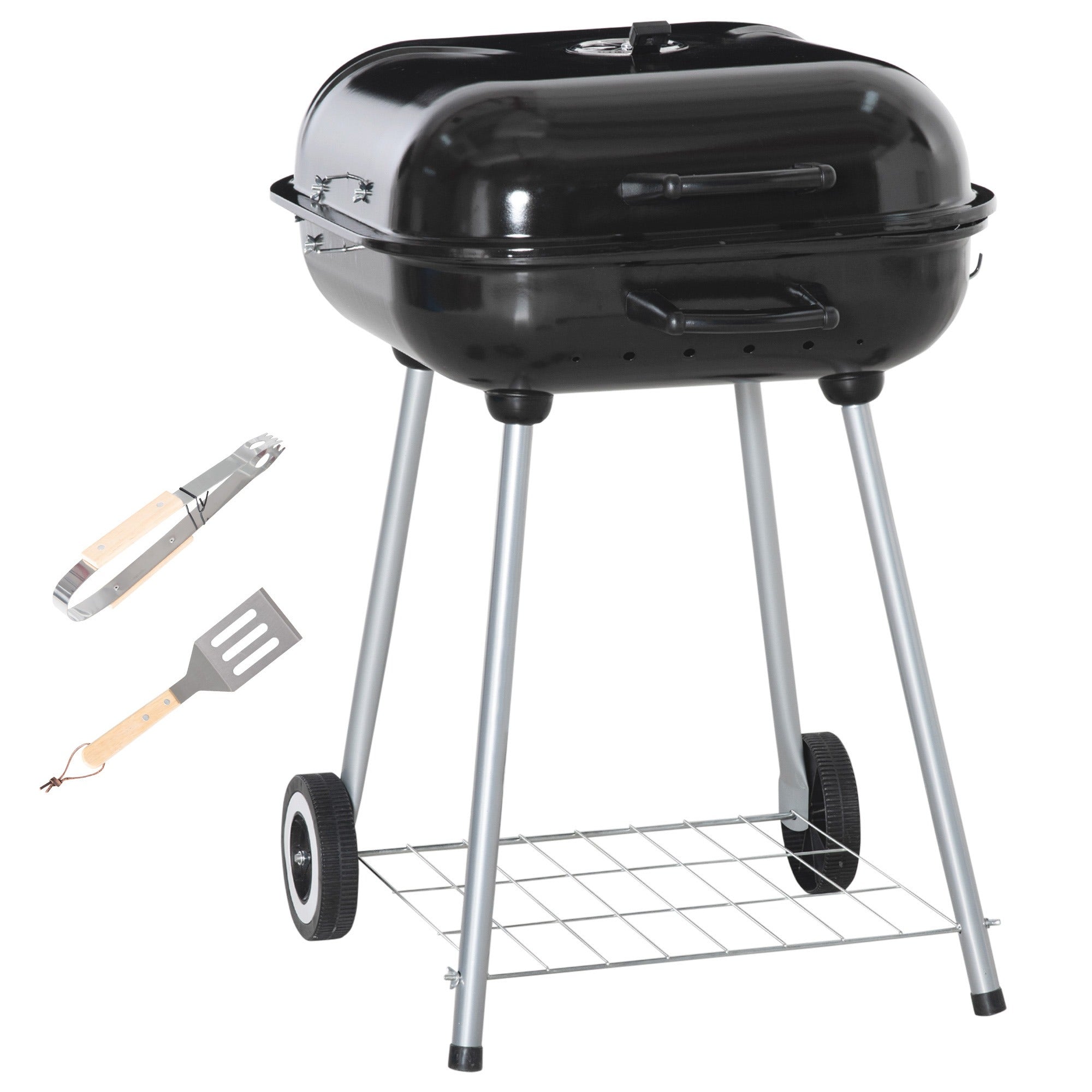 Portable BBQ Charcoal Grill with Wheels and Utensils