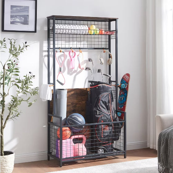 Garage Sports Equipment Storage Rack with Bench