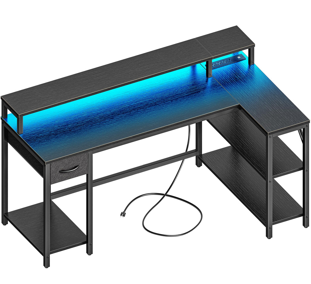 53-Inch Reversible L-Shaped Desk with LED Lighting