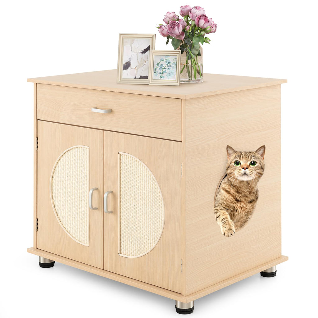 Cat Litter Box Enclosure with Drawer & Sisal Scratching Doors